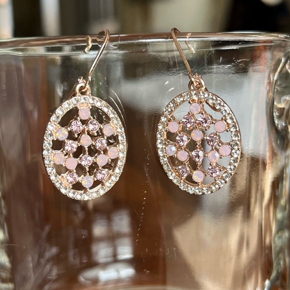 Rose gold tone dangle earrings | pink, purple and white stones - Picture 3 of 6